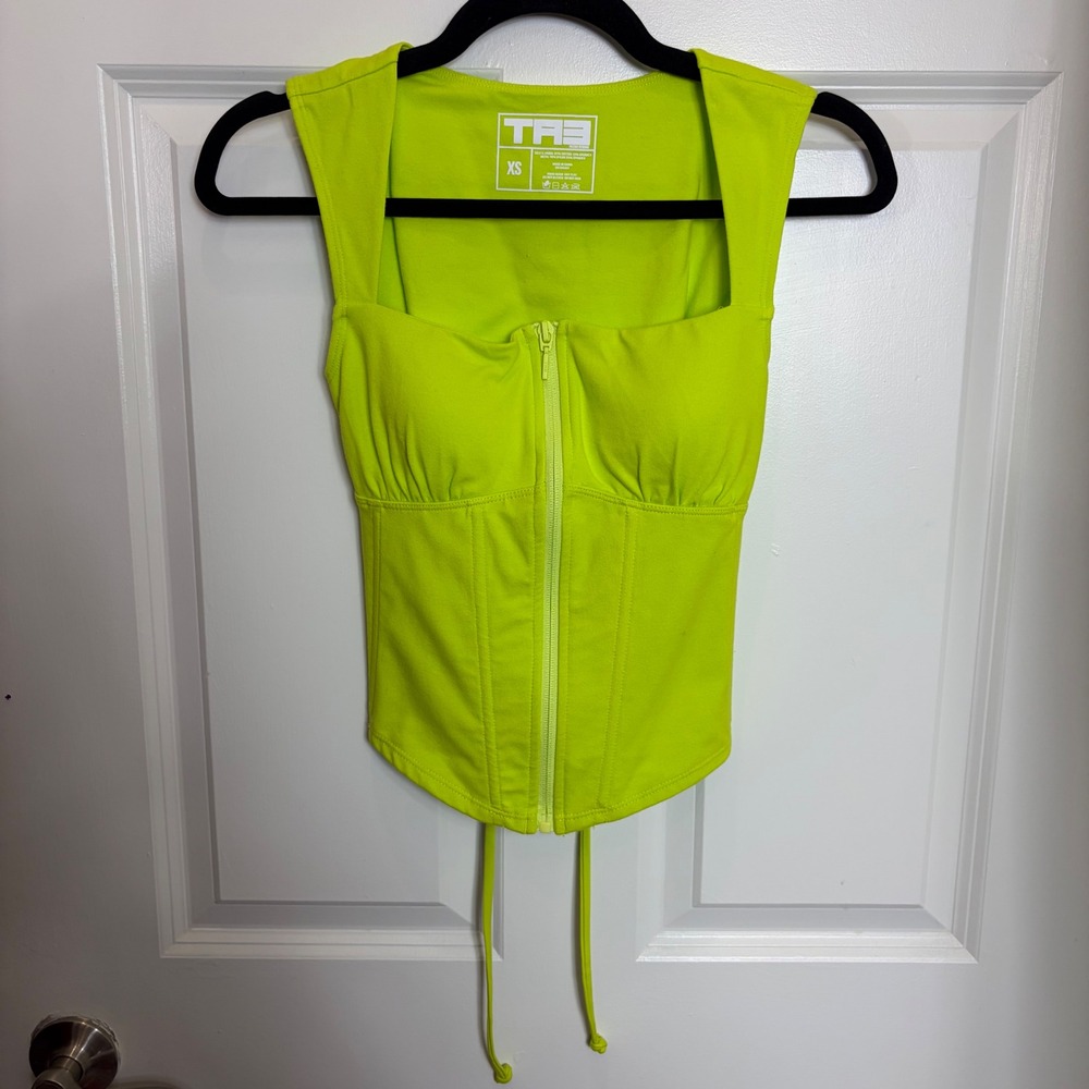 TA3 Neon Lime Green Zip Front Lace Up Back Corset Top XS